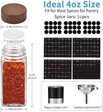 Yangbaga Glass Spice Jars with Labels, 34pcs 4oz Seasoning Organizer Jars