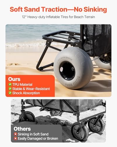 VEVOR Beach Dolly with Big Wheels for Sand, 18" x 15" Cargo Deck, Folding Sand Cart with 12" Balloon Wheels, 165 lbs Loading Capacity & 34" to 45" Adjustable Height, Heavy Duty Cart for Beach Camping