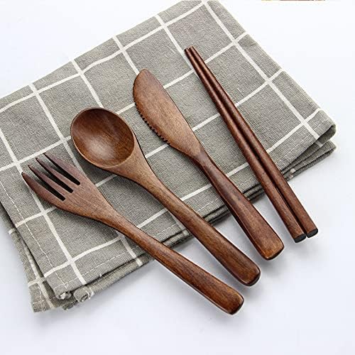 Portable Wooden Cutlery Set for Travel and Camping - 4 Piece Set With Reusable Wooden Spoon, Fork, Knife and Chopsticks