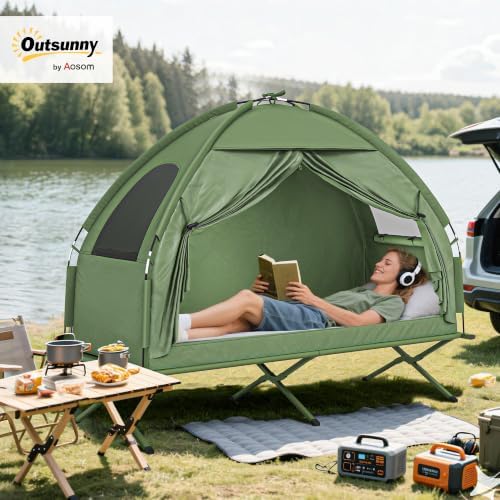 Outsunny Camping Tent Cot Single Person Folding Cot Combo Off-Ground Tent