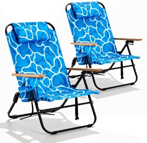 2 Pack Premium 5-Position Reclining Camping Chair Portable Folding Lightweight Outdoor Chair with Wooden Armrests, Headrest & Pockets, 350lbs Heavy Duty for Beach, Patio, Ocean Wave Blue