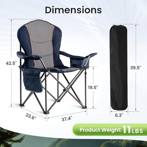 2 Pack Folding Camping Chairs for Adults - High Back Padded Outdoor Lawn Chairs with Lumbar Support & Cup Holder, 500lbs Heavy Duty Portable Camping Chairs Set (Blue & Gray, 2 PCS)