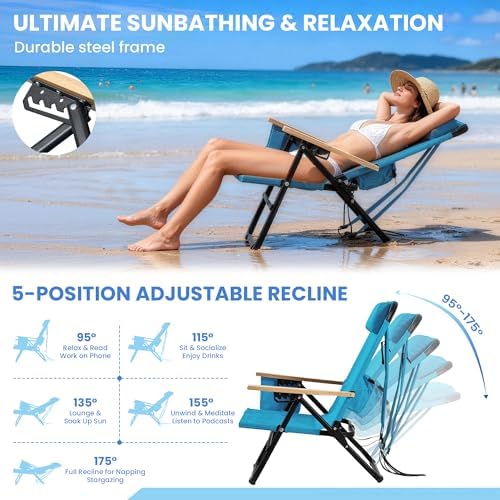 2 Pack Premium 5-Position Reclining Camping Chair - Portable Folding Lightweight Outdoor Chair with Wooden Armrests, Headrest & Pockets, 350lbs Heavy Duty for Beach, Patio, Backyard, Blue