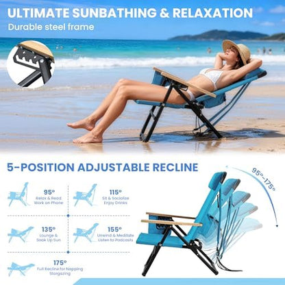 2 Pack Premium 5-Position Reclining Camping Chair - Portable Folding Lightweight Outdoor Chair with Wooden Armrests, Headrest & Pockets, 350lbs Heavy Duty for Beach, Patio, Backyard, Blue