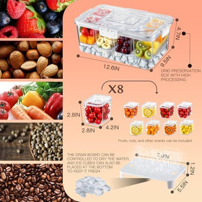 Chilled Snackle Box Container with Ice Tray - 8 Compartment Serving Tray with Lid & Handle, Leak-Proof & Odor-Free Snack Box, Portable Cold Food Platter for Picnic, Party, Travel, Road Trip