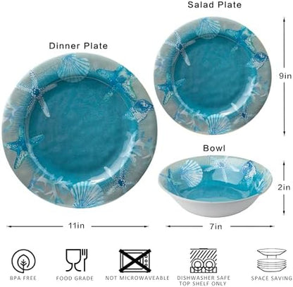 12 PCS Melamine Dishes Dinnerware set, Coastal Plate and Bowls Set