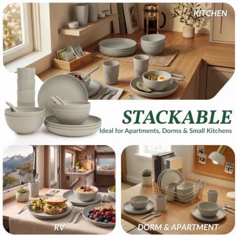 Homienly Wheat Straw Dinnerware Sets 20 PCS Unbreakable Plates and Bowls Sets Microwave Safe Camping Dish Set Kids Dinnerware Set, Kitchen, Apartment, Party, RV, Picnic, Dorm-Grey