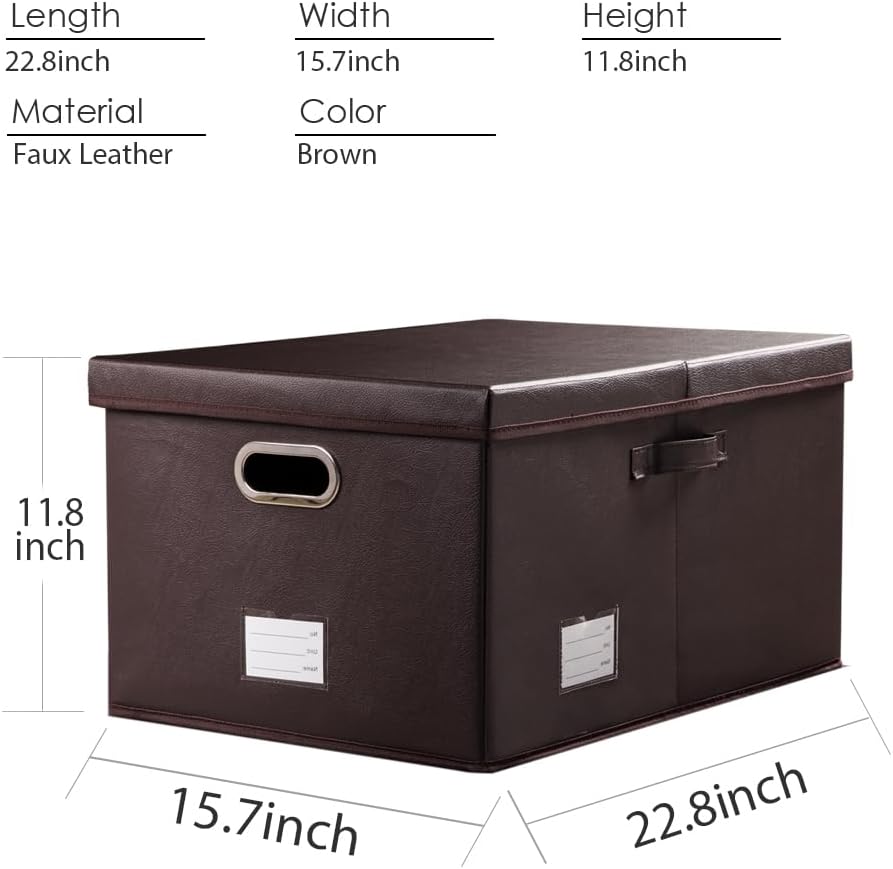 PRANDOM Collapsible Storage Box with Lid [1-Pack] Leather Fabric Foldable Storage Bin Organizer Container Basket Cube with Cover for Home Bedroom Closet Office Nursery Brown (22.8X15.7X11.8)