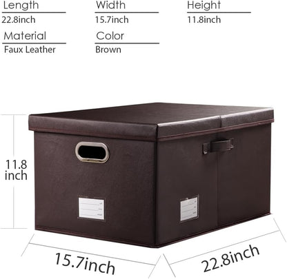 PRANDOM Collapsible Storage Box with Lid [1-Pack] Leather Fabric Foldable Storage Bin Organizer Container Basket Cube with Cover for Home Bedroom Closet Office Nursery Brown (22.8X15.7X11.8)