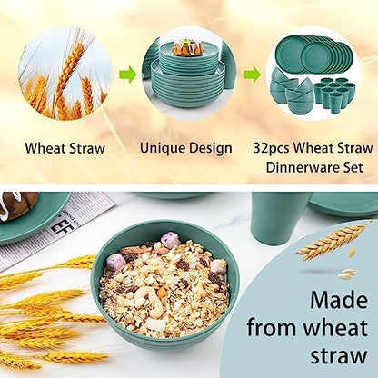 Supernal 32 Pcs Teal Wheat Straw Dinnerware Set For 8 Outdoor Camping