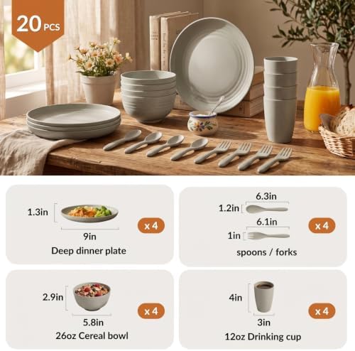 Homienly Wheat Straw Dinnerware Sets 20 PCS Unbreakable Plates and Bowls Sets Microwave Safe Camping Dish Set Kids Dinnerware Set, Kitchen, Apartment, Party, RV, Picnic, Dorm-Grey