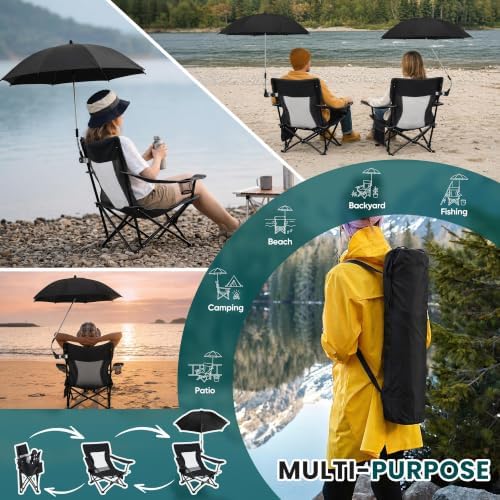HaSteeL Low Beach Chairs, 2Pcs Camping Chairs with Umbrellas - Black