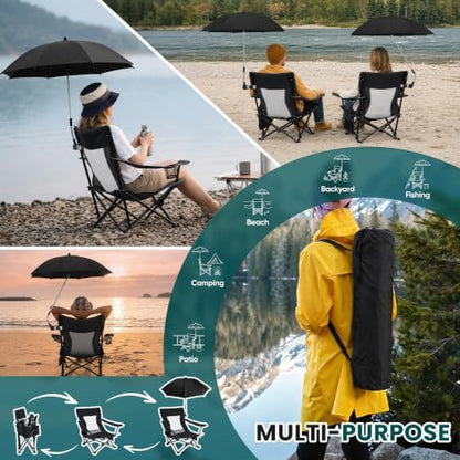 HaSteeL Low Beach Chairs, 2Pcs Camping Chairs with Umbrellas - Black