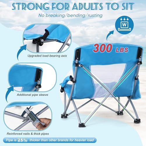 HaSteeL Low Beach Chairs for Adults, Lightweight Camping Folding Chair with Carrying Bag, Portable for Outdoors Lawn Backyard Patio RV Trip Fishing Sport Tailgating, Support 300LBS, Blue, 2 Pack