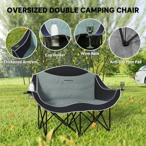 Outsunny Double Camping Chair for Adults, Padded Folding Camp Chair for 2 Person with Armrest, Wine Glass Holder, Cup Holder, Carry Bag for Outdoor Sports, Picnics, Supports up to 552 lbs.