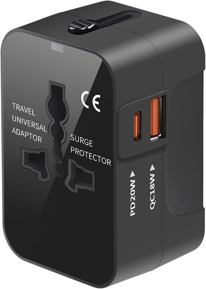Universal Travel Adapter with 3.0A PD USB-C & QC USB-A Ports, Fast Charging International Plug Adapter, Worldwide Wall Charger AC Power Plug Converter Adaptor for US to EU UK AUS Asia