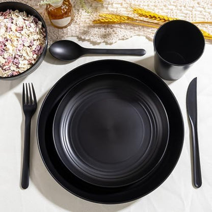 LIYH 24Pcs Black Unbreakable Wheat Straw Dinnerware Set for Kitchen Camping