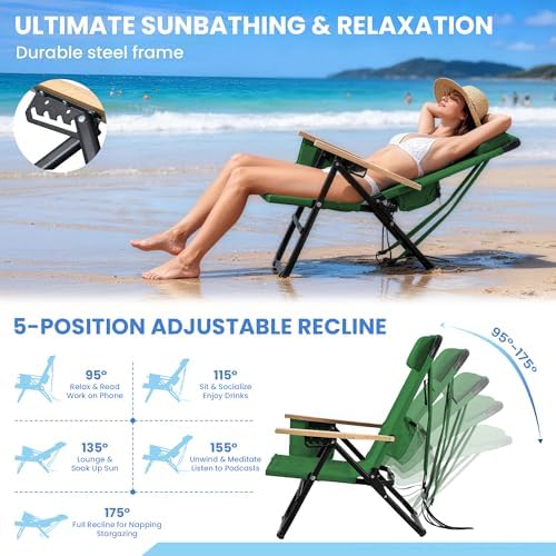 2 Pack Premium 5-Position Reclining Camping Chair - Portable Folding Lightweight Outdoor Chair with Wooden Armrests, Headrest & Pockets, 350lbs Heavy Duty for Beach, Patio, Backyard, Green