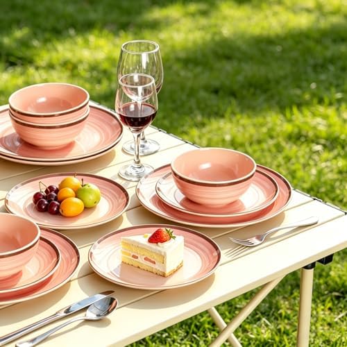 Melamine Dishware Sets, Unbreakable Dinnerware Sets for 4, Pink Swirled