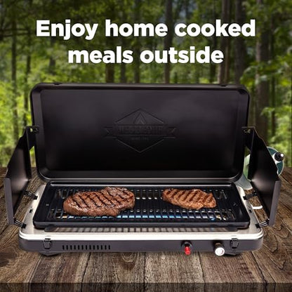 Hike Crew Gas Camping Grill | 13,000 BTU | Portable Propane Burner | Foldable Legs | Integrated Igniter & Included Regulator w/Stainless Steel Drip Tray | Wind Panels & Built-in Carrying Handle