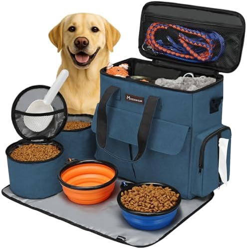 Modoker Weekend Dog Travel Bag Set with 2 Food Bags, 2 Bowls and Mat,Blue