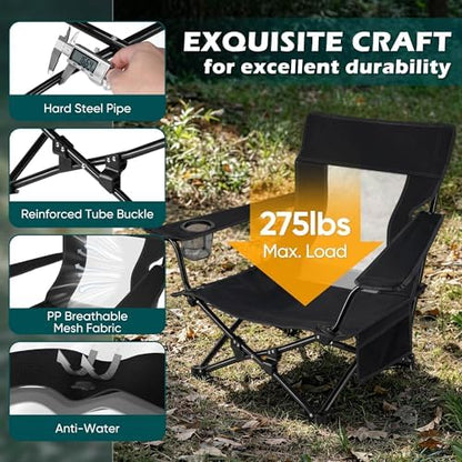 HaSteeL Low Beach Chairs, 2Pcs Camping Chairs with Umbrellas - Black