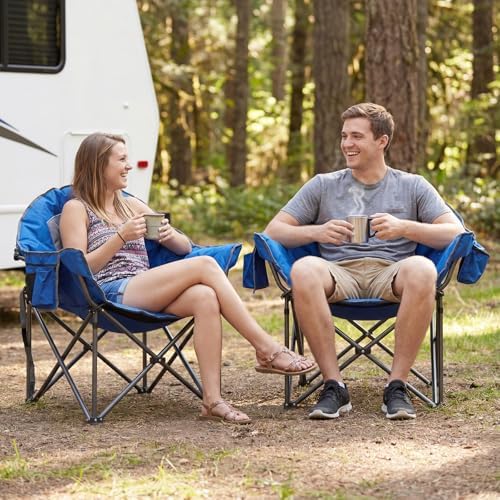 Romswi Oversized XXL Padded Camping Chairs for Adults, 1Pcs 500lbs Heavy Duty Support, 500G Ultra-Thick Cushion Sofa-Like Comfort, Folding Lawn Chair with Cooler Bag & Side Pockets, Blue
