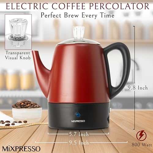 Mixpresso 4 Cup Red Small Electric Percolator Coffee Pot, Stainless Steel