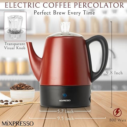 Mixpresso 4 Cup Red Small Electric Percolator Coffee Pot, Stainless Steel