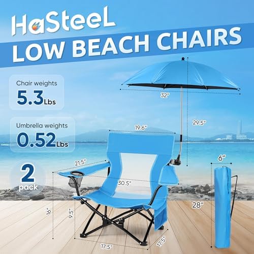 HaSteeL Low Beach Chairs, 2Pcs Camping Chairs with Umbrellas - Blue