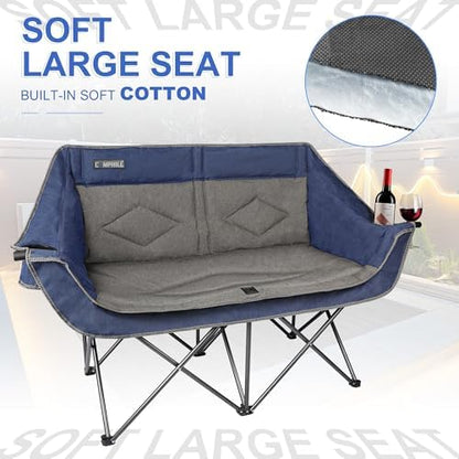 Oversized Double Camping Chair-Heavy Duty 2 Person Folding Loveseat Camp Couch for Adults,Portable Outdoor Lawn Chairs with Padded Seat for Fishing,Sports and Patio,Supports 500 LBS,Blue