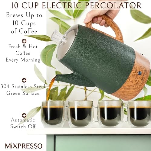 Mixpresso 10 Cup Shiny Green Electric Percolator Coffee Pot Stainless Steel