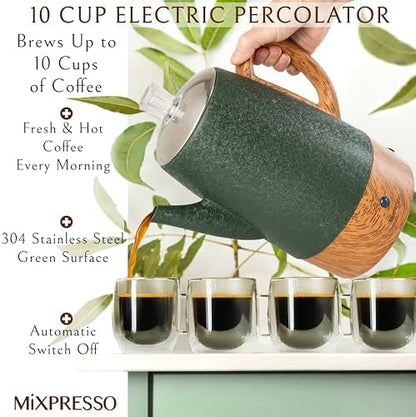 Mixpresso 10 Cup Shiny Green Electric Percolator Coffee Pot Stainless Steel