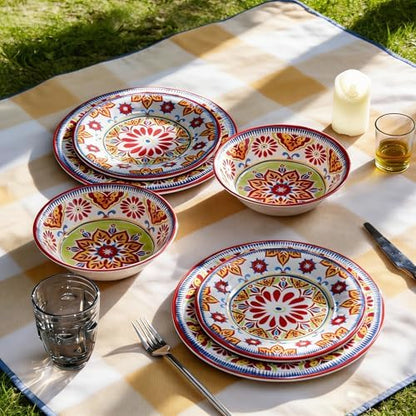 Premium Melamine Dinnerware Sets for 4, 12-Piece Plates and Bowls Sets, Red