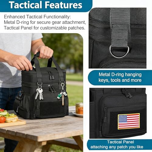 GLENKEY Tactical Lunch Box Cooler Bag - Expandable Insulated Lunch Bag for Men Daily - Large Lunchbox for Adults Work Shifts Outdoor Trips Black 16L (Pack of 2)