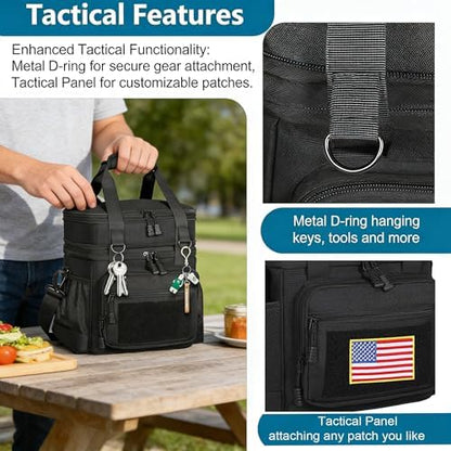 GLENKEY Tactical Lunch Box Cooler Bag - Expandable Insulated Lunch Bag for Men Daily - Large Lunchbox for Adults Work Shifts Outdoor Trips Black 16L (Pack of 2)