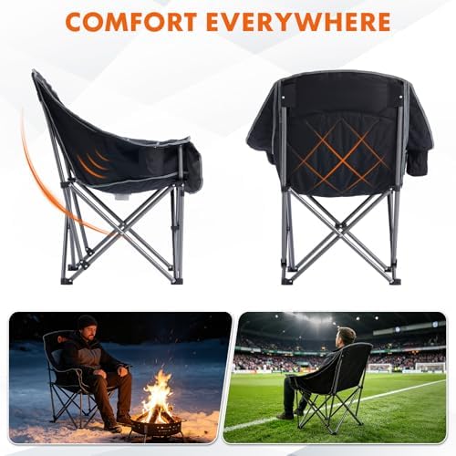 EMERIT Oversized Padded Camping Chair for Big Tall Adults, 500 LBS Heavy Duty Foldable Quad Lawn Chair, 19.68" High Seat, 4-Layer Cushion, Cup Holder, Camping Tailgating Backyard Patio Sports, Black