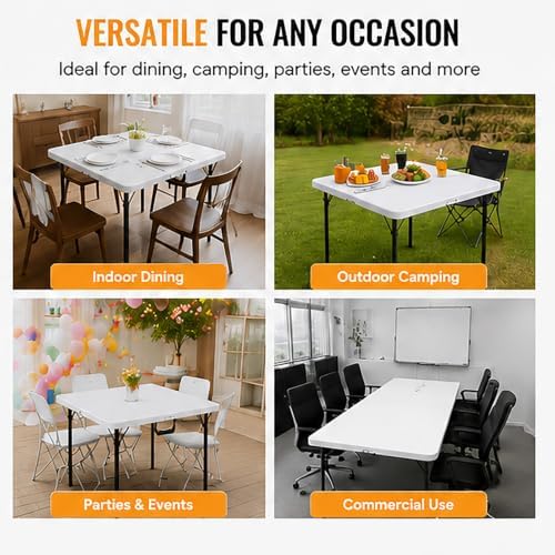 Folding Table, 36in Folding Table Portable with Built-in Handle, Plastic Table with Heavy Duty Steel Legs Supports to 300lbs, Suitable for Party, Camping, Events Indoor&Outdoor Use, White