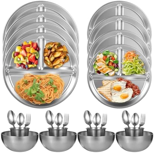 28-Piece Camping Dining Kit, Stainless Steel Outdoor Dinnerware Set with Plates, Bowls, Cups, Forks, and Spoons for Hiking and Picnics