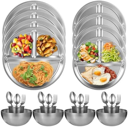 28-Piece Camping Dining Kit, Stainless Steel Outdoor Dinnerware Set with Plates, Bowls, Cups, Forks, and Spoons for Hiking and Picnics