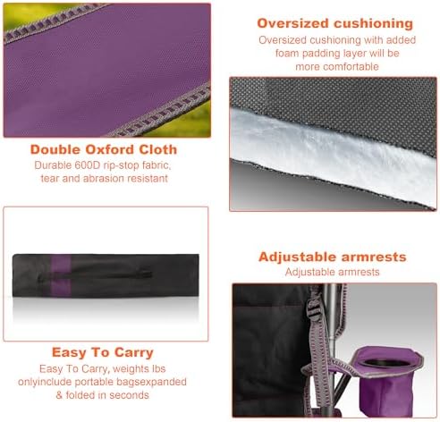 Oversized Padded Camping Chairs for Adults,Heavy Duty Support 400 Lbs,Folding Portable Lawn Chair w/Cup Holder,Cooler Bag,Side Pocket,Perfect for Outdoor Picnic,Hiking(Purple)