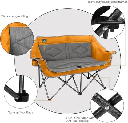 Northroad Folding Loveseat Camping Chair Portable Double Duo Full Padded Garden Sofa Chair for 2 Person w/ 2 Cup Holder,Wine Glass Holder,Support 600lbs for Outdoor Travel (Orange)