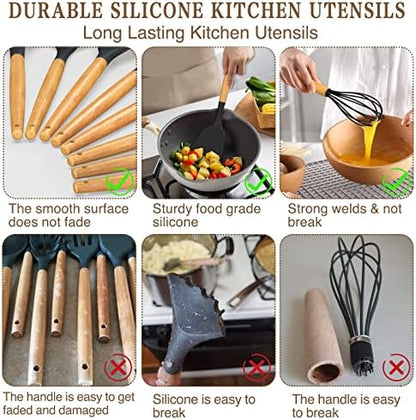 Umite Chef Kitchen Cooking Utensils Set, 33 pcs Non-Stick Silicone Cooking Kitchen Spatula Set with Holder, Wooden Handle Silicone Kitchen Gadgets Utensil Set (Black)
