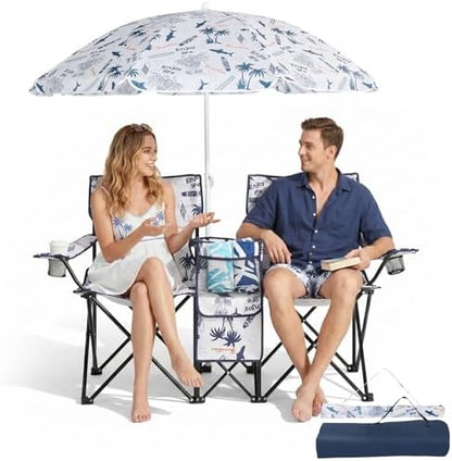 Outvita Folding Double Camping Chair w/Umbrella, Cooler for Beach Patio L
