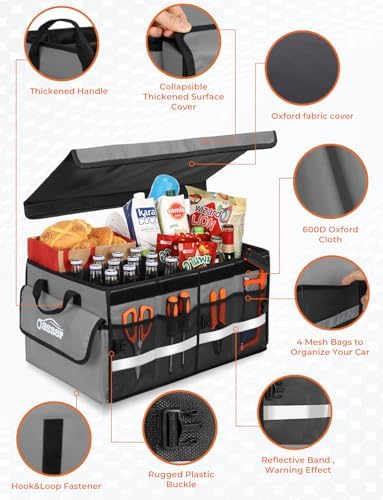 Oasser Car Trunk Organizer with Foldable Soft Lid, 55L 3 Compartments Grey