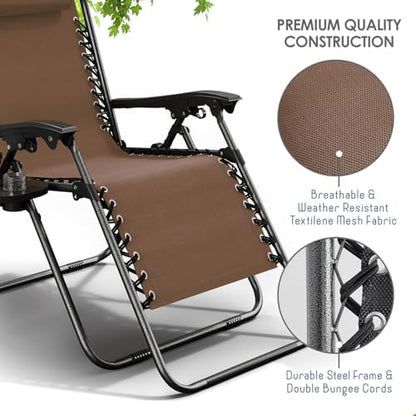 Nestl Zero Gravity Chairs, Portable Patio Lounge Chair Outdoor with Pillows & Cup Holder Trays, Adjustable Steel Mesh Reclining Camping Chair, Folding Patio Lawn Chair for Deck, Beach, Yard - Brown
