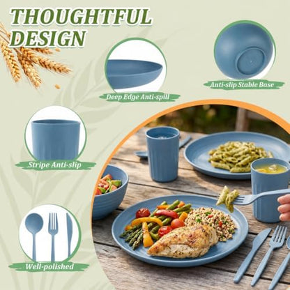 PYRMONT Wheat Straw Dinnerware Sets 28 Pcs Bowls and Plates Set(Blue)