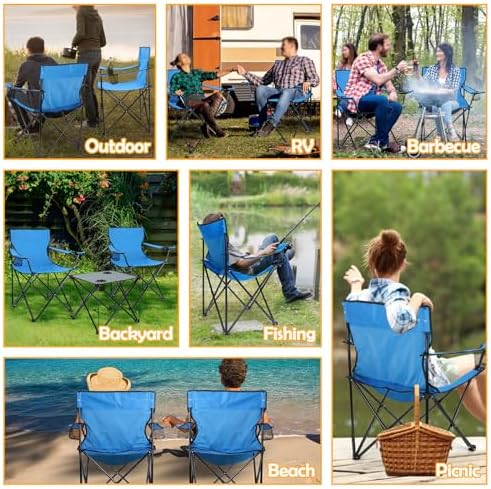 HaSteeL Folding Camping Chair Set of 3, Foldable Blue Camp Chairs & Grey Table, Large Lawn Chair Portable for Adults Hiking, Fishing, Picnic, Outdoor BBQ, Travel, Sports, Cup Holders & Storage Bags