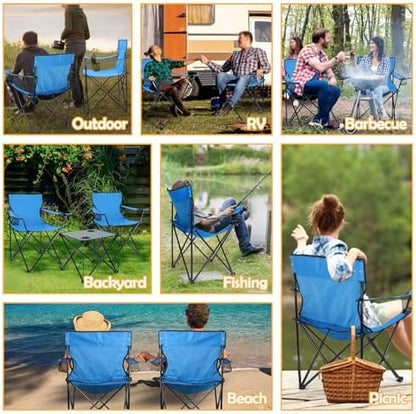 HaSteeL Folding Camping Chair Set of 3, Foldable Blue Camp Chairs & Grey Table, Large Lawn Chair Portable for Adults Hiking, Fishing, Picnic, Outdoor BBQ, Travel, Sports, Cup Holders & Storage Bags