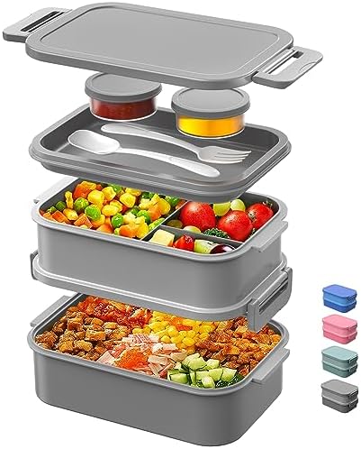 DaCool Adults Lunchbox Bento Box - 74 OZ All-in-One Stackable Lunch Box for Adults Men Women Teens Leakproof Bento Large Lunch Box Containers with Fork Spoon Sauce Box for Dining Out Work School,Grey